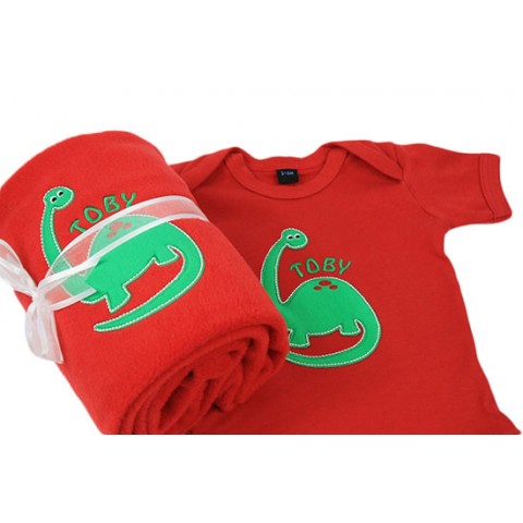 Boys Personalised Baby Vest & Fleece Blanket with Dinosaur Applique Boys Personalised Baby Vest & Fleece Blanket with Dinosaur Applique